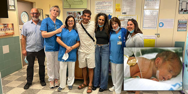 טל ערמון ראובני ממכמנים ומשפחתו מבקרים במחלקת הפגייה במרכז הרפואי לגליל בנהריה
